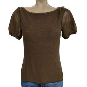 Anne Klein Brown Ribbed Puff-Sleeve Boatneck Top Size M